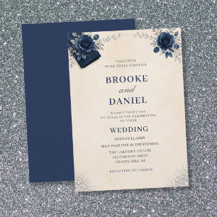 Elegant Navy Tulip Silver Arch Fabric Wedding Invitation