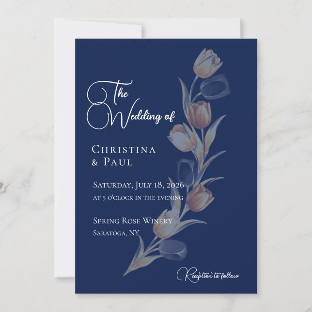 Elegant Navy Tulip Wedding Invitation (Front)
