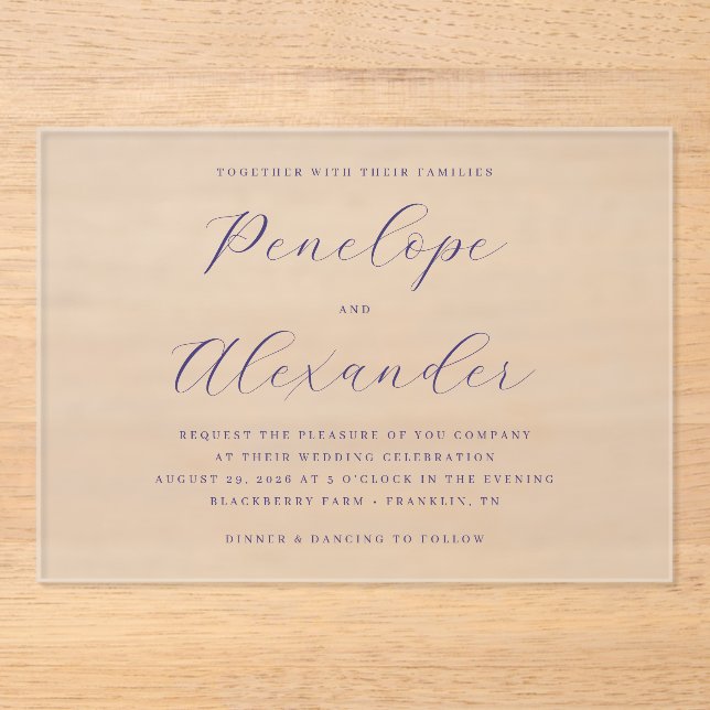 Elegant Navy Typographic Acrylic Invitations (Front)
