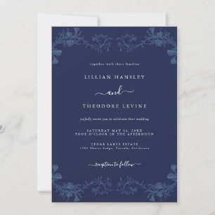 Elegant Navy Vintage Floral Leaf Wedding   Invitation