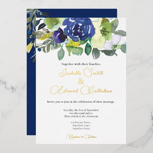 Elegant Navy Watercolor Floral Bouquet Wedding (Front/Back)
