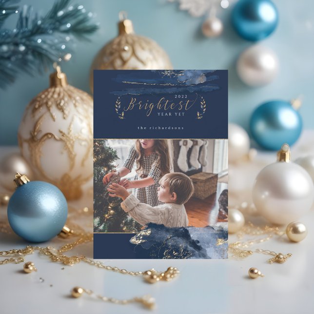 Elegant Navy Watercolor Ink & Golden Jewel Photo Holiday Card (Elegant Navy Watercolor Ink & Golden Jewel Photo Holiday Card)