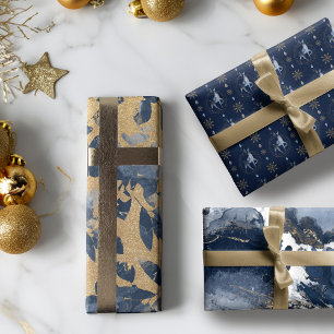 Elegant Navy Watercolor Ink & Golden Jewel Wrapping Paper Sheet