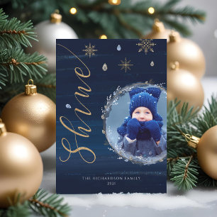 Elegant Navy Watercolor Ink & Jewels Photo Wreath  Holiday Card