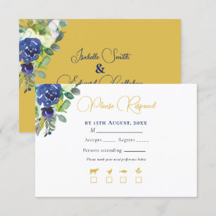 Elegant Navy Watercolor Roses Yellow Gold Wedding RSVP Card