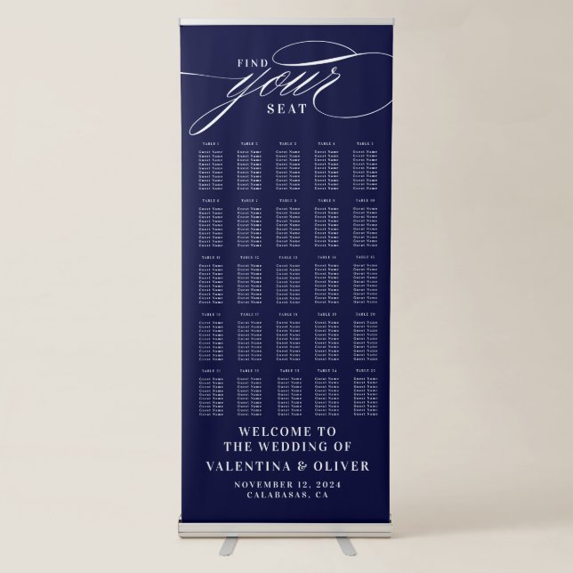 Elegant  Navy Wedding 25 Table Seating Chart  Retractable Banner (Front)