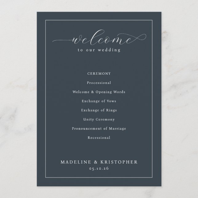 Elegant Navy Wedding Ceremony Schedule Programme (Front)