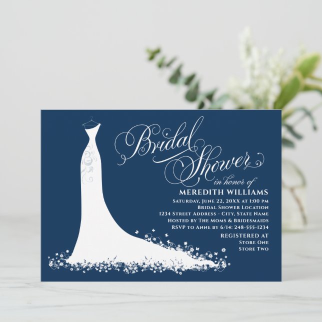 Elegant Navy Wedding Gown Bridal Shower Invitation (Standing Front)