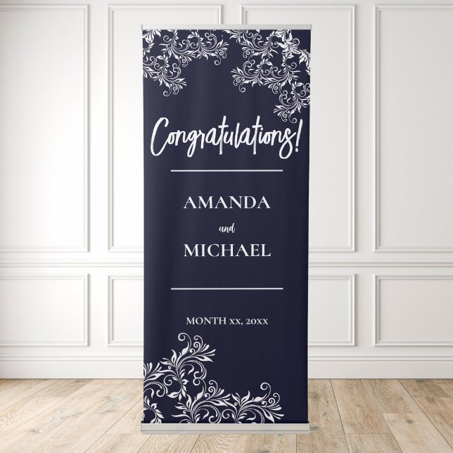 Elegant Navy Wedding  Retractable Banner (Elegant Navy Wedding Congratulations Retractable Banner)