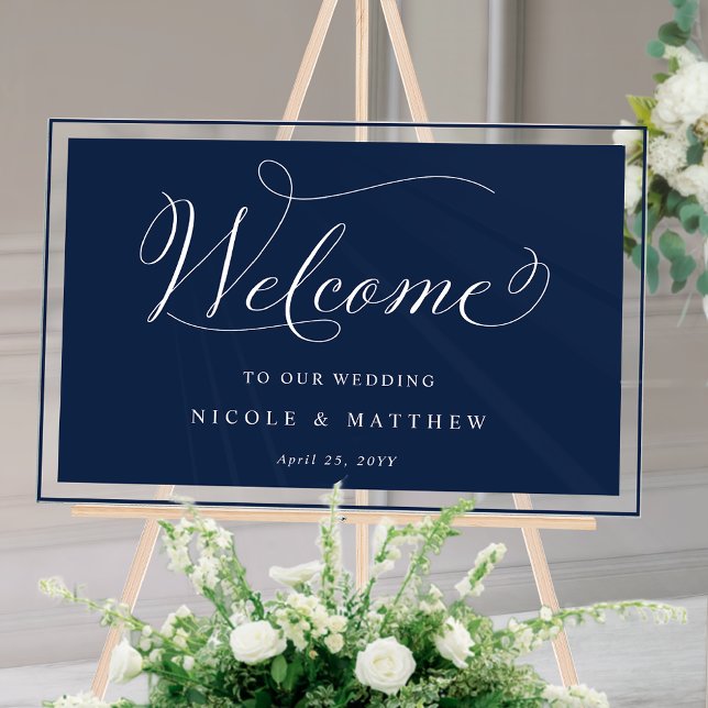 Elegant Navy Wedding Welcome  Acrylic Sign (Creator Uploaded)