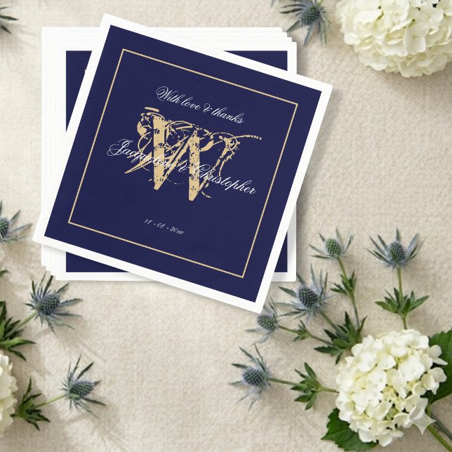 Elegant Navy Wedding White Script & Gold Monogram Napkin (Gorgeous! Perfect in the right setting.)
