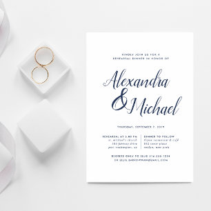 Elegant Navy & White Calligraphy Rehearsal Dinner Invitation
