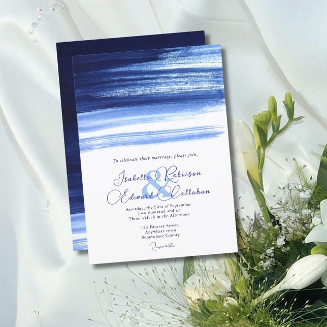 Elegant Navy & White Colour Brush Strokes Wedding Invitation (Creator Uploaded)