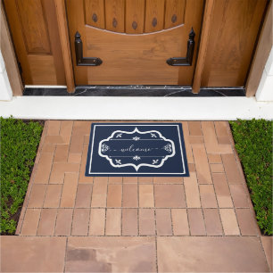 Elegant Navy White Custom Decorated welcome Doormat