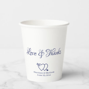 Elegant navy white custom script hearts wedding  paper cups