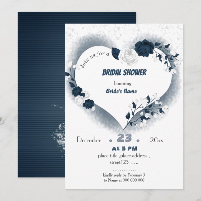 elegant navy &white floral heart bridal shower invitation (Front/Back)