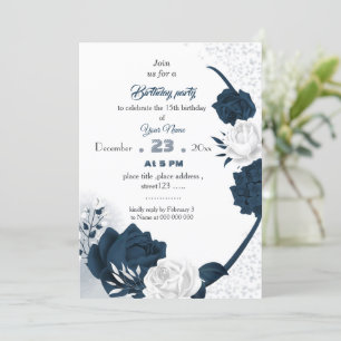 elegant navy &white flowers birthday invitation