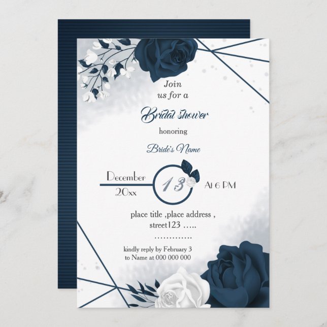 elegant navy &white flowers bridal shower invitati invitation (Front/Back)