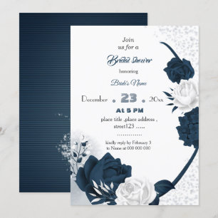 elegant navy &white flowers bridal shower invitation