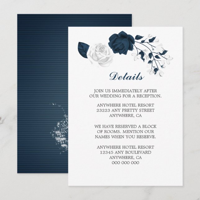 Elegant navy & white flowers details enclosure card (Front/Back)