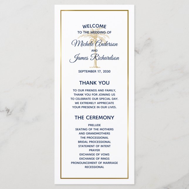 Elegant Navy White Gold Palm Tree Modern Wedding Programme (Front)