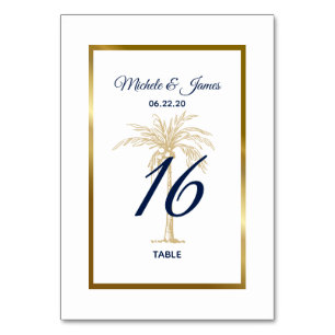 Elegant Navy White Gold Palm Tree Modern Wedding Table Number