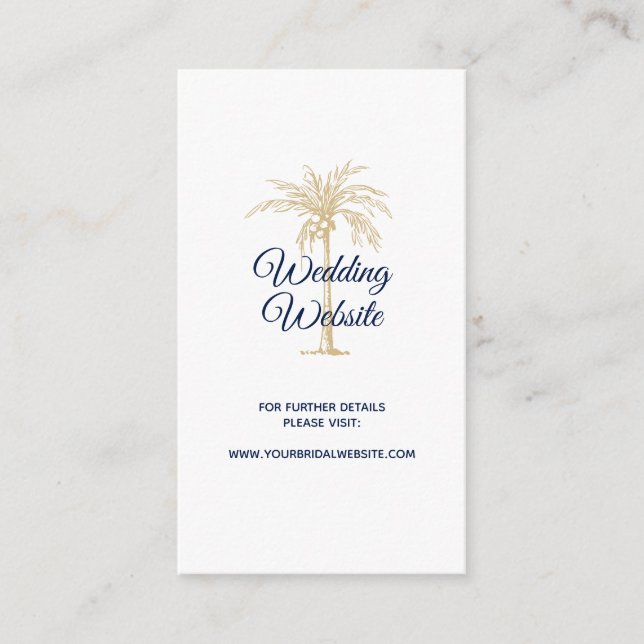 Elegant Navy White Gold Palm Tree Wedding Website Enclosure Card (Front)