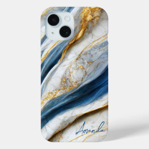 Elegant Navy White Gold Veins Marble Monogrammed iPhone 15 Case