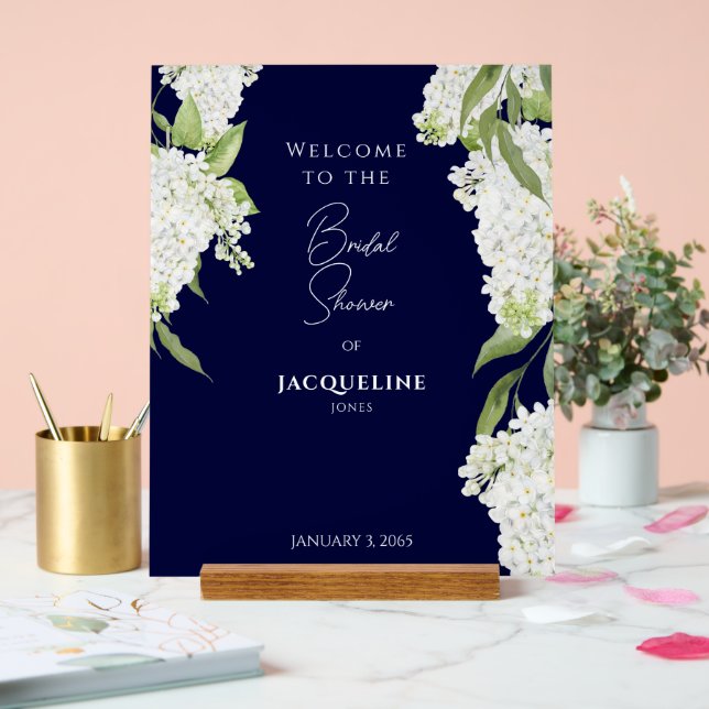 Elegant Navy White Hydrangeas Shower Welcome Acrylic Sign (Wedding)