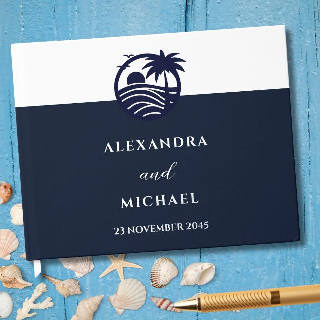 Elegant Navy White Palm Tree Coastal Wedding Guest Book (Creator Uploaded)