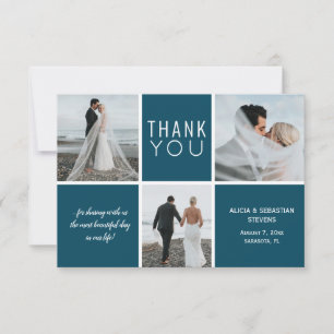 Elegant navy white photo collage wedding thank you
