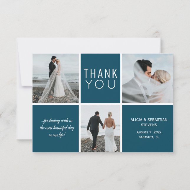 Elegant navy white photo collage wedding thank you card (Front)