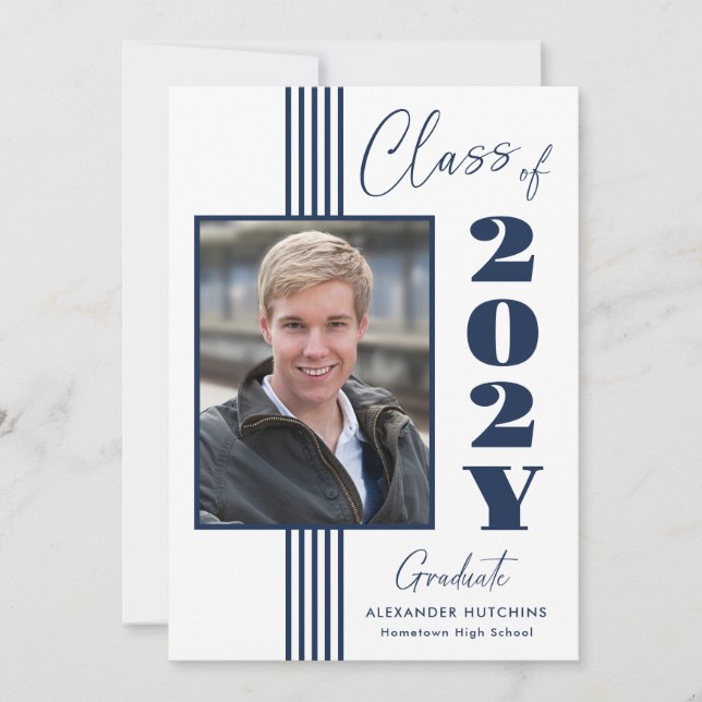 Elegant Navy White Photo Frame 2025 Graduation  Announcement (Front)