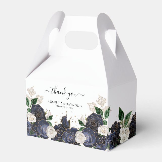 Elegant Navy & White Rose Florals Wedding  Favour Box (Front Side)
