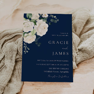 Elegant Navy & White Roses All Seasons Wedding  Invitation