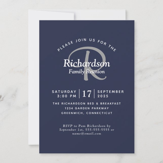 Elegant Navy White Silver Monogram Family Reunion Invitation (Front)