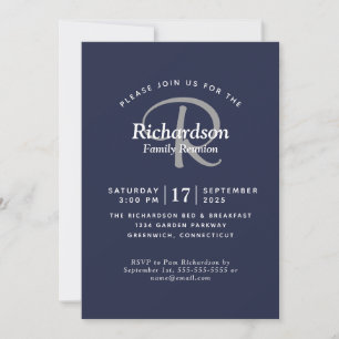 Elegant Navy White Silver Monogram Family Reunion Invitation