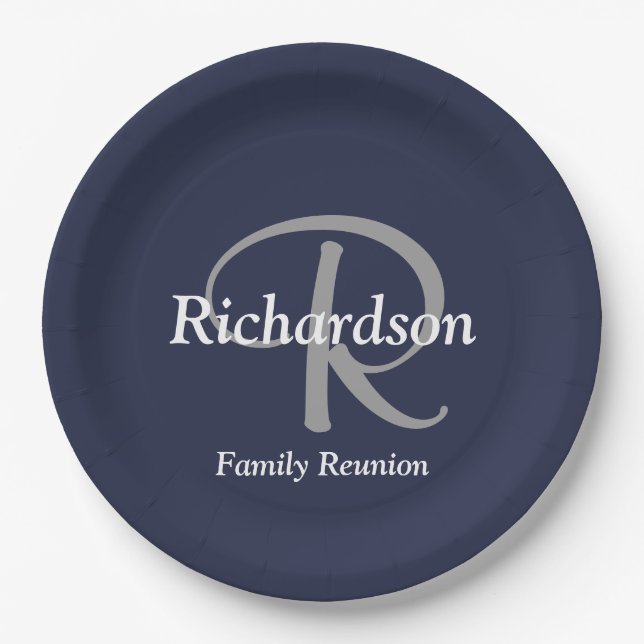 Elegant Navy White Silver Monogram Family Reunion Paper Plate (Front)