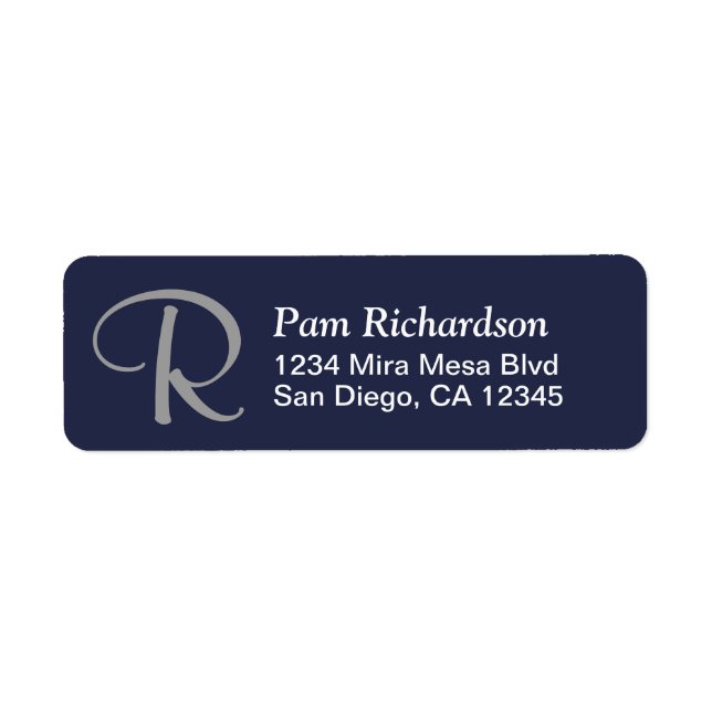 Elegant Navy White Silver Monogram Return Address (Front)