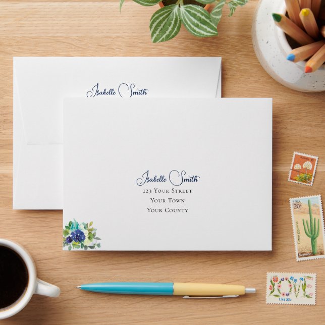Elegant Navy & White Watercolor Floral Custom RSVP Envelope (Desk)