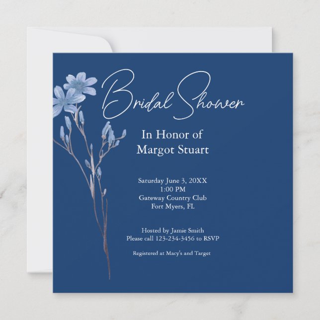 Elegant Navy Wildflower White Script Bridal Shower (Front)