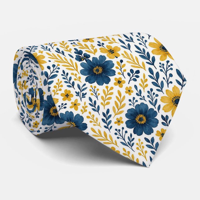 Elegant Neck Tie With Mediterranean Floral Art (Rolled)