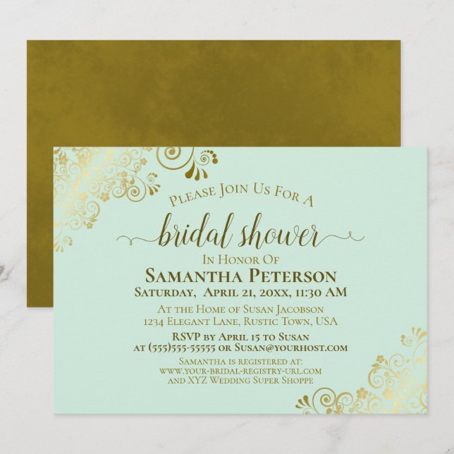 Elegant Neo Mint Green & Gold Lace Bridal Shower Invitation (Front/Back)