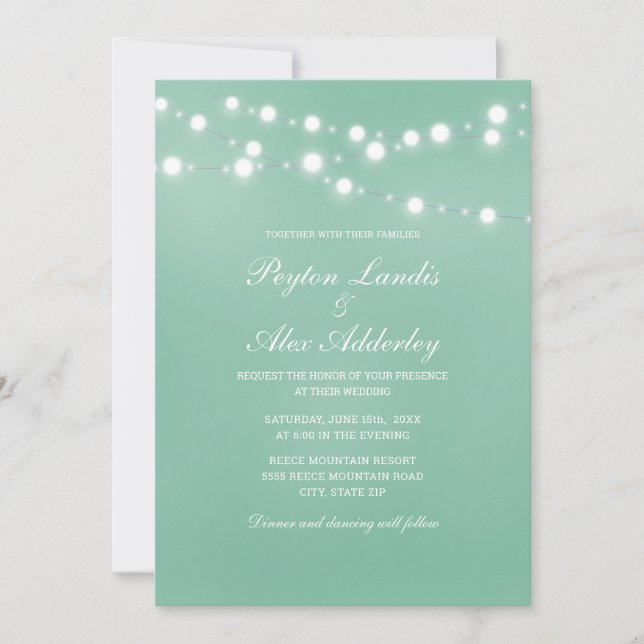 Elegant Neo Mint White String Lights Wedding Invitation (Front)