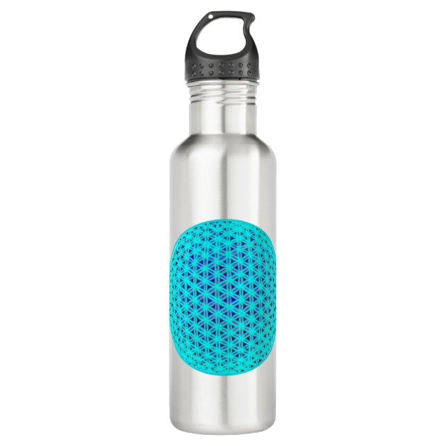 Elegant neon blue teal flower of life  710 ml water bottle (Front)