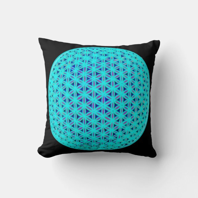 Elegant neon blue teal flower of life  cushion (Front)