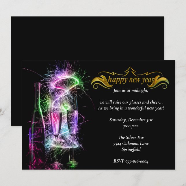 Elegant Neon Champagne New Years Eve Party Invitation (Front/Back)