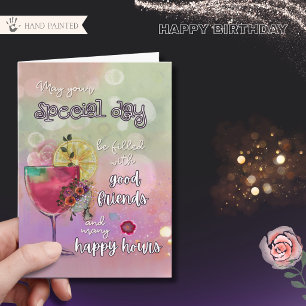 Elegant Neon Cocktail Happy Hour Birthday Folded Card
