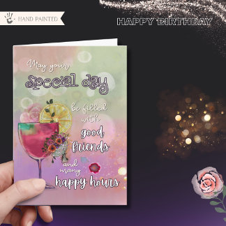 Elegant Neon Cocktail Happy Hour Birthday Folded Card
