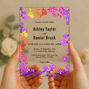 Elegant Neon Colourful Roses Modern Floral Wedding Acrylic Invitations